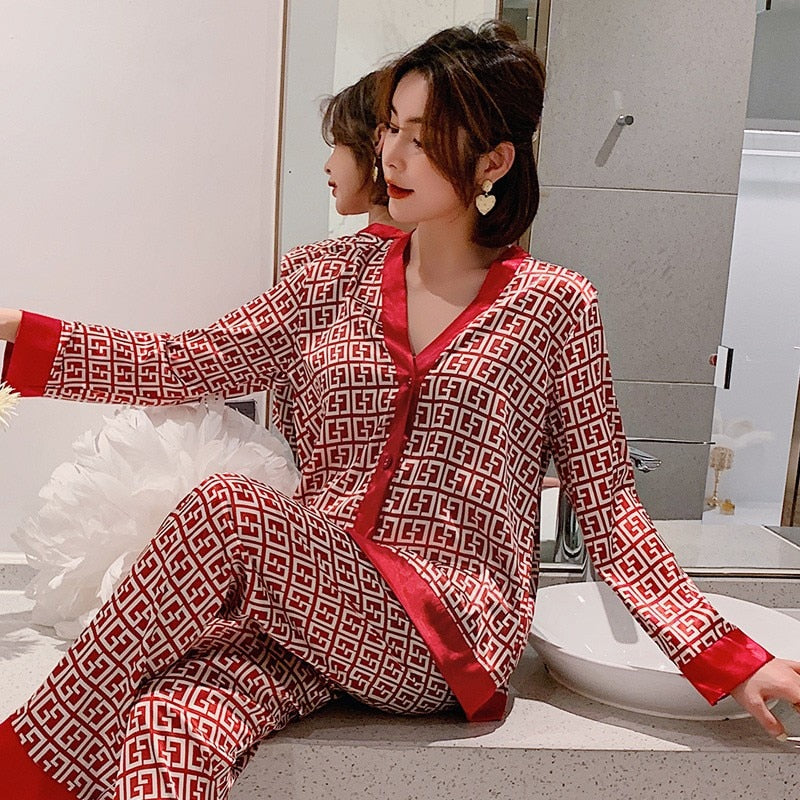 Satin Print 2-Piece Monogram Print Pajamas Sleepwear Set