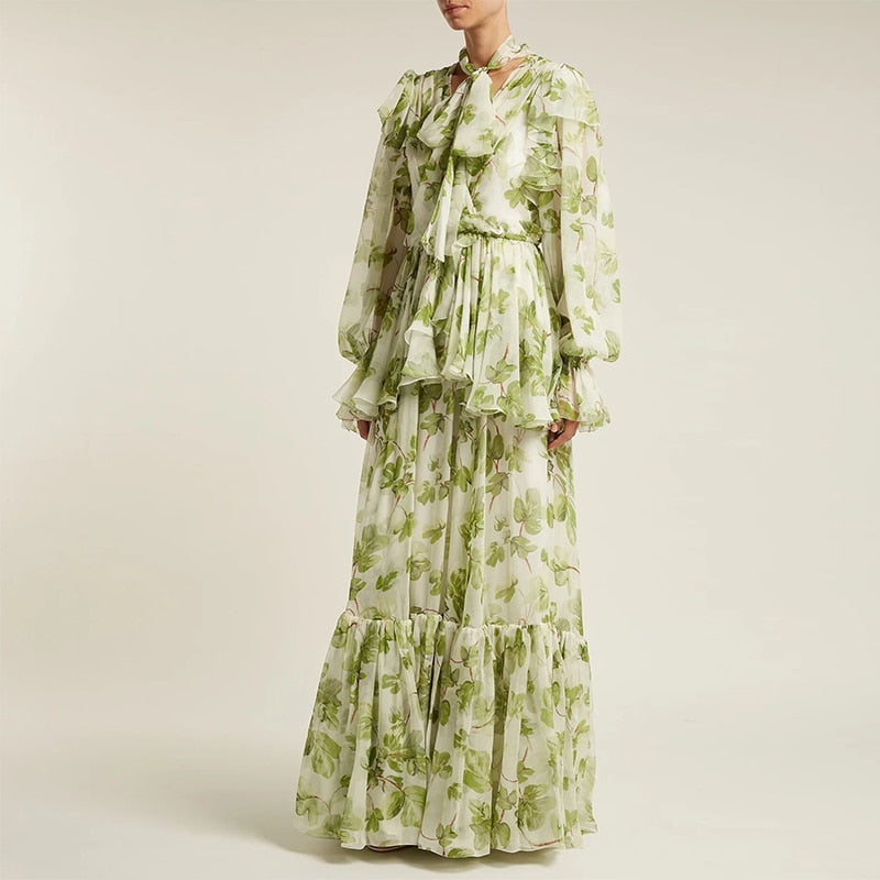 Green Runway Ruffle Flower Print Lantern Sleeve Cascading Maxi Dress