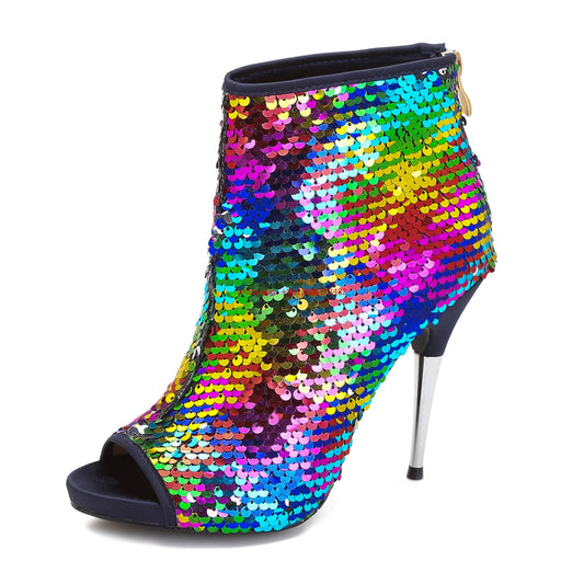 Peep Toe Stiletto Sequined Platform Ankle Boots