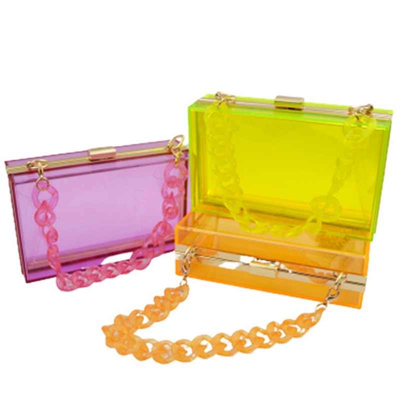 Clear Acrylic Box Clutch Transparent Shoulder Bag w/ Detachable Chain