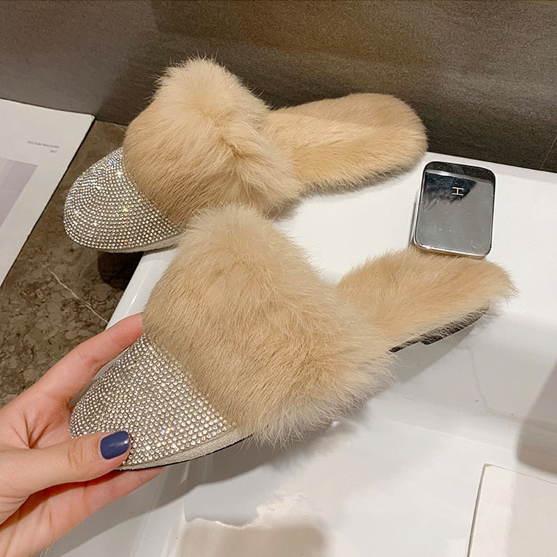 Luxury Rhinestone Fur Crystal Slides Mule Slippers