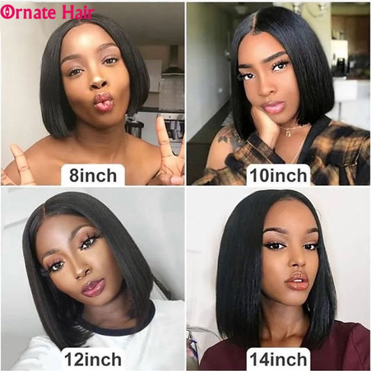 Brazilian Straight Lacefront 100% Human Hair Short Bob Wig Pre-Plucked Lace Closure 150% Density Wigs