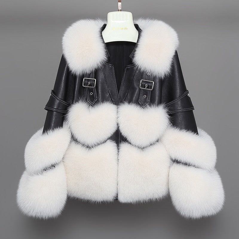 Fox Fur Short Sheepskin w/ Fox Fur Collar Buckle Heart Jacket