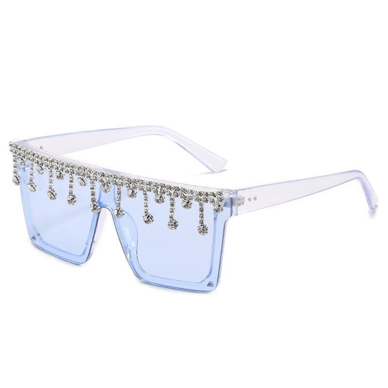 Dripping Iced Out Crystal Rhinestone Tassel Drop Oversized UV400 Ladies Sunglasses