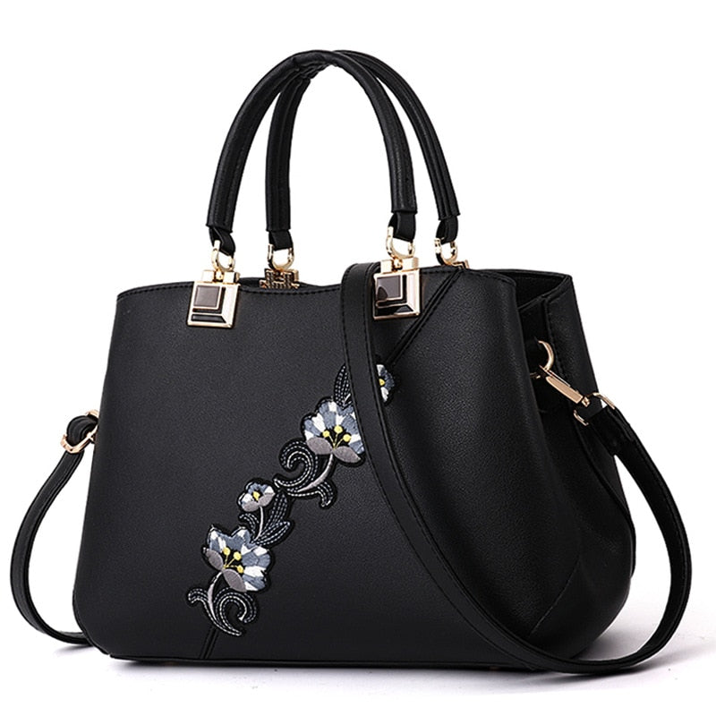 Colorblock Embroidered Messenger Leather Handbag