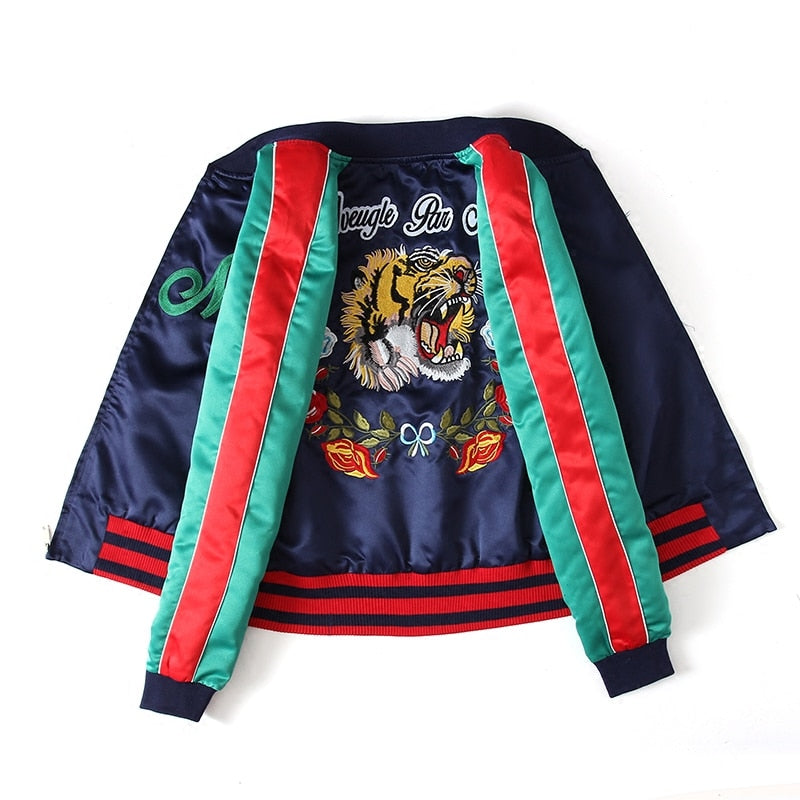 Vintage Ladies Tiger Head Embroidered Bomber Jacket