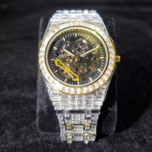 Men's Hip Hop Full Diamond Skeleton Mechanicl Iced Out Waterproof Watch