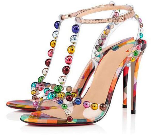 Colorful Bauble Studded High Heel Rainbow Studs T-Strap Embellished Beaded PVC Sandals