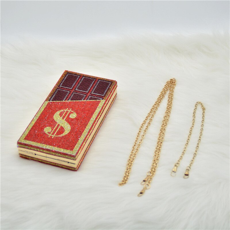 Glitter Diamond Rhinestone Money Symbol Gold Metal Link Strap Clutch Purse