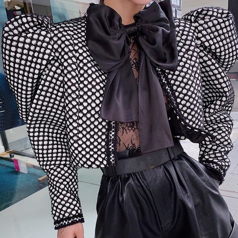 Balloon Sleeve Ruched Plaid Coat O-Neck Cropped Streetwear Women's Blazer Jacket