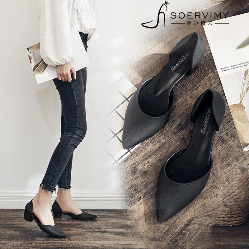 Ladies Pointed Toe Basic Solid Low Thick Heels Flats