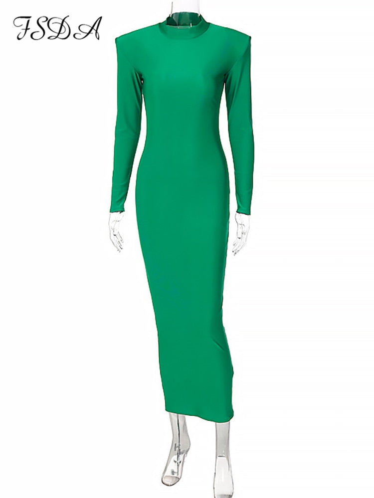 Turtleneck Solid Long Sleeve Bodycon Maxi Dress