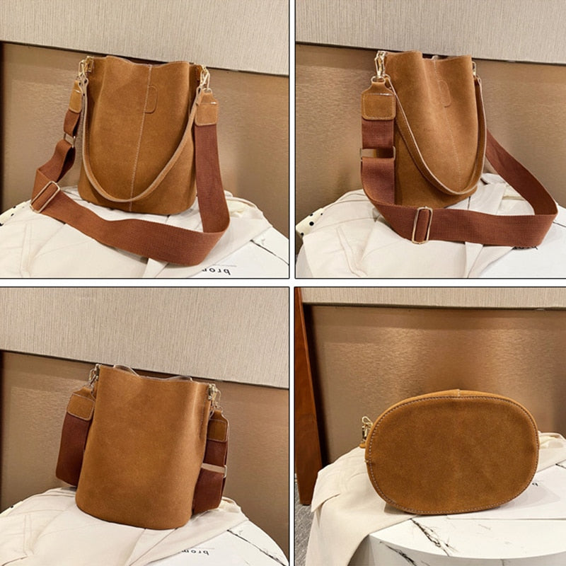 Nubuck Leather Shoulder Crossbody Bucket Bag Purse