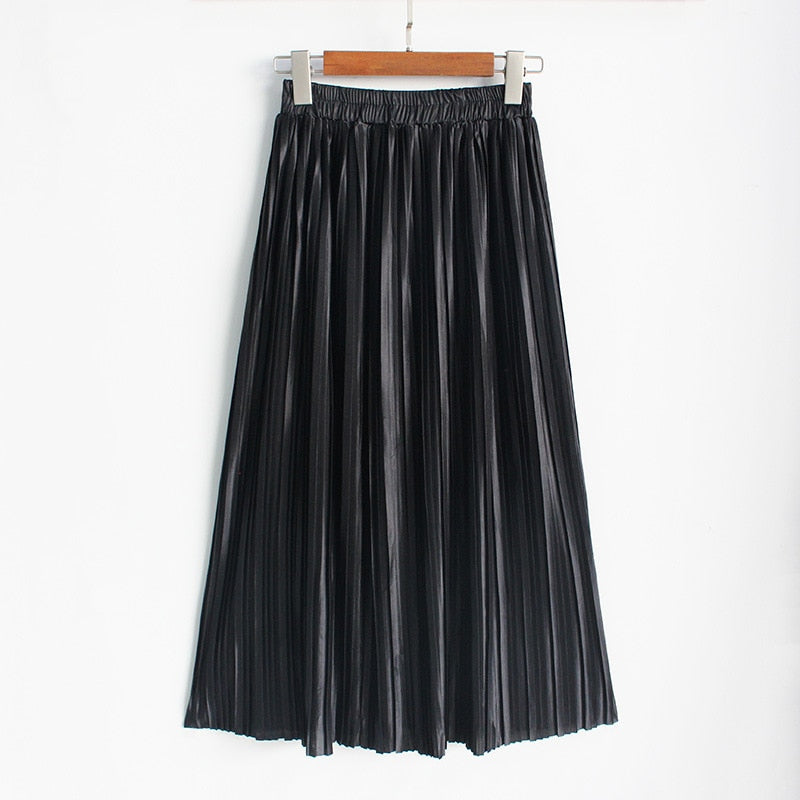 Satin Loose Pleated Solid Color High Waisted Maxi Skirt