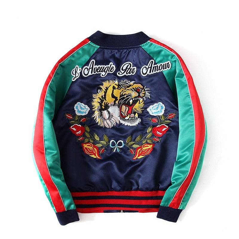 Vintage Ladies Tiger Head Embroidered Bomber Jacket