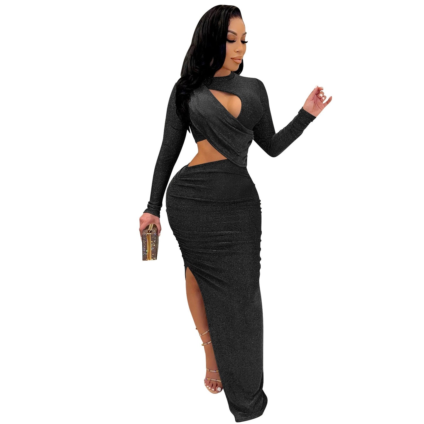 Solid Ruched Long  Sleeve Cut Out O-Neck Long Sleeve High Slit Evening Party Dress