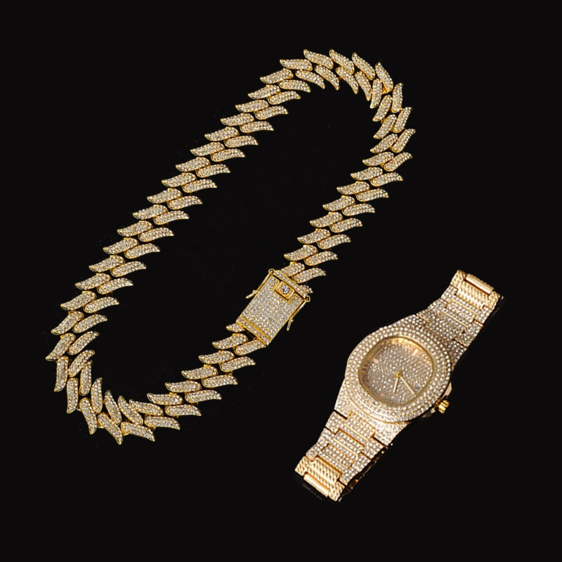 3-Piece Jewelry Hip Hop Gold Iced Out Paved Rhinestones CZ Bling  Sets: Cuban Chain, Watch & Bracelet