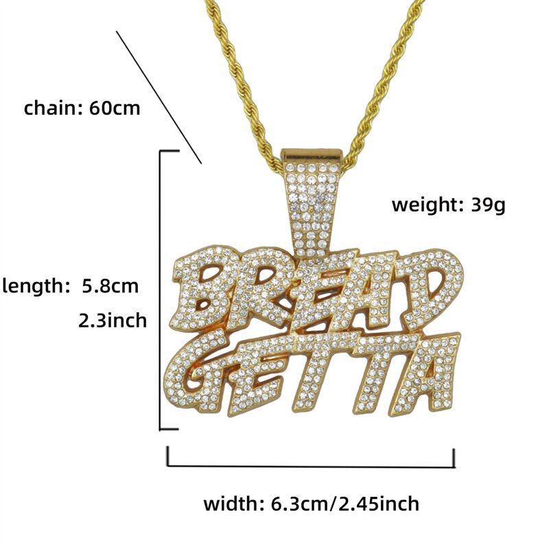 Pendant "Bread Getta" Necklace Gold Silver Color Charm Iced Out BREADGETTA Pendant With 13mm Cuban Chain