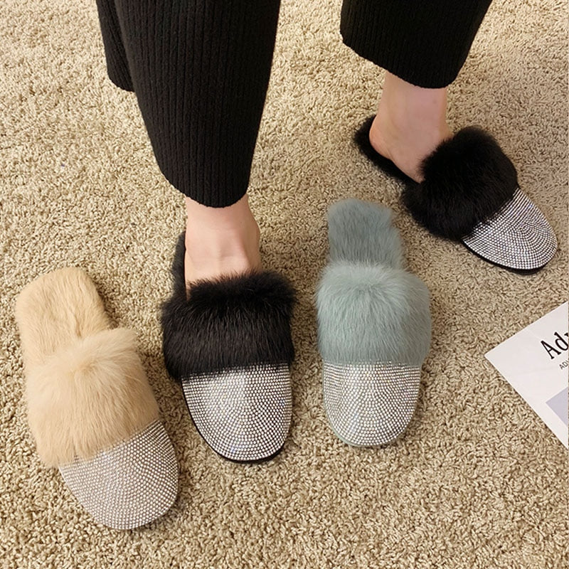 Luxury Rhinestone Fur Crystal Slides Mule Slippers