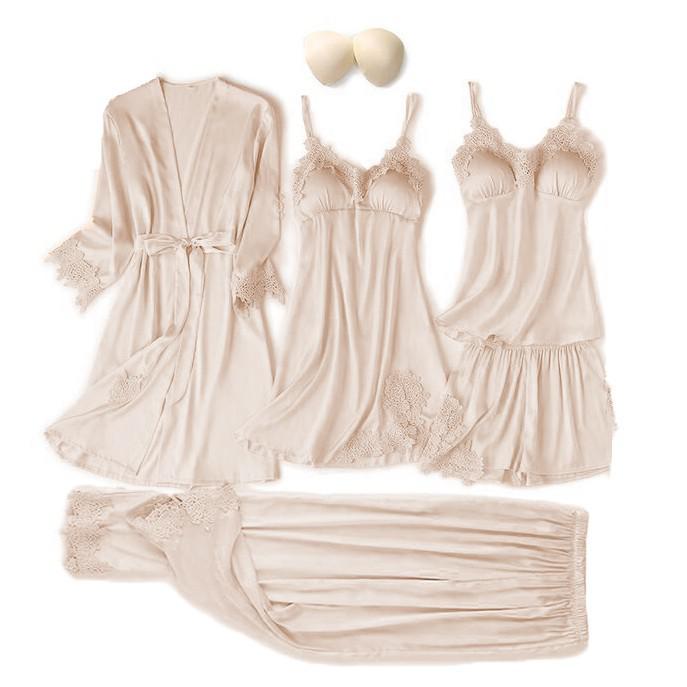 Satin Women's Sleepwear Set/Pajamas: Kimono Gown, Lace Intimate Lingerie Hollow Out Camisole, and Matching Lingerie Top w/ Shorts & Silky Pajama Pants