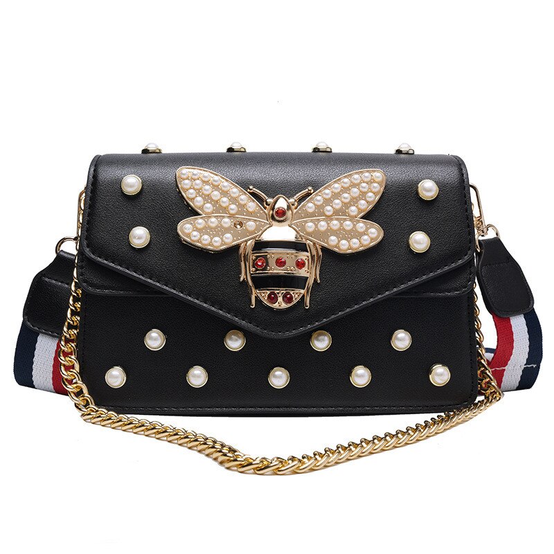 Bee Metal Pearl PU Leather Chain Ladies Shoulder Bag Flap Crossbody Chain Purse