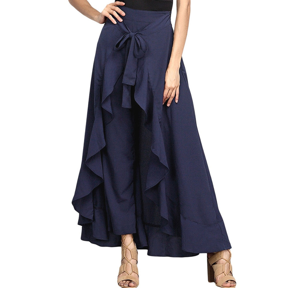 Palazzo Ruffle Drawstring High Waist Irregular Loose Pants w/ Attached Maxi Wrap Skirt to 3X