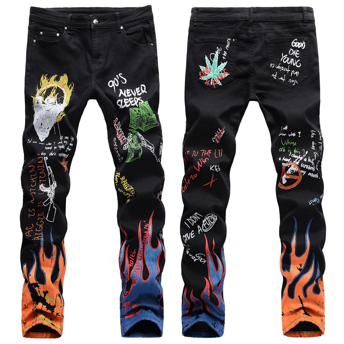 Men's Slim Flame Skull Print Zipper Fly Skinny Ruched Jeans