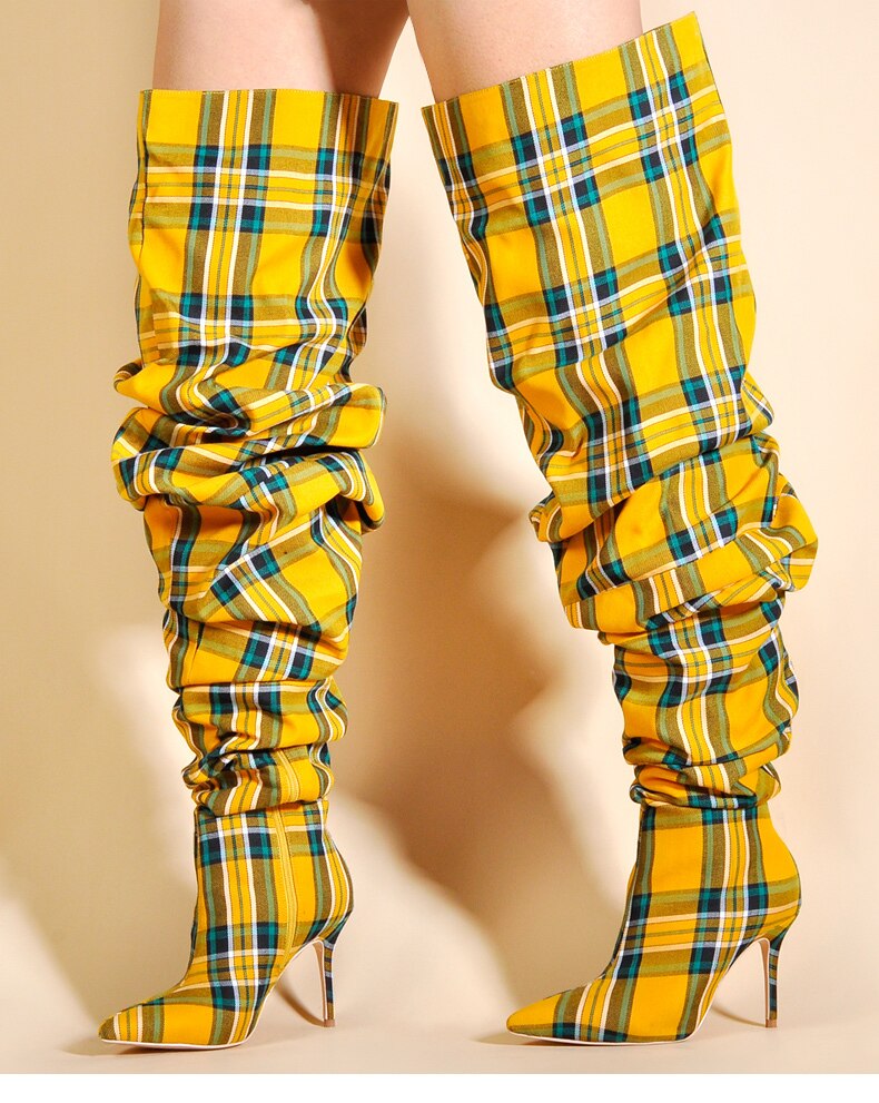 Thigh High Ladies Over The Knee High Heel Plaid Boots