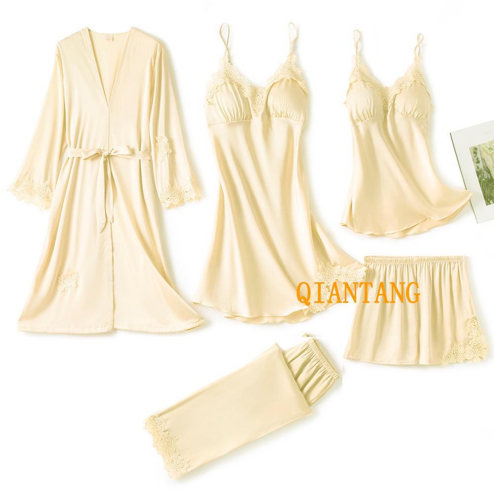 Satin 5-Piece Matching Women's Pajama Set: Robe, V-Neck Camisole, Pants Pants, Teddy Lingerie Top & Shorts