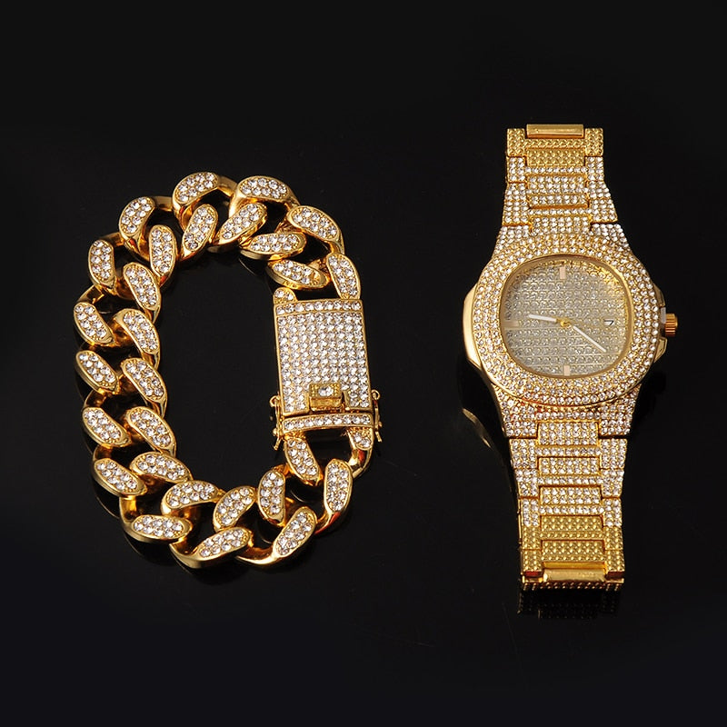 Cuban Chain Necklace + Bracelet + Watch Iced Out Paved Rhinestones CZ Chain Necklace 3-Piece Jewelry Set