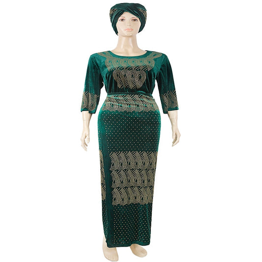 African Women's Velvet Plus 3-Piece Set: Colorblock Long Sleeve Top, Maxi Skirt & Head Turban