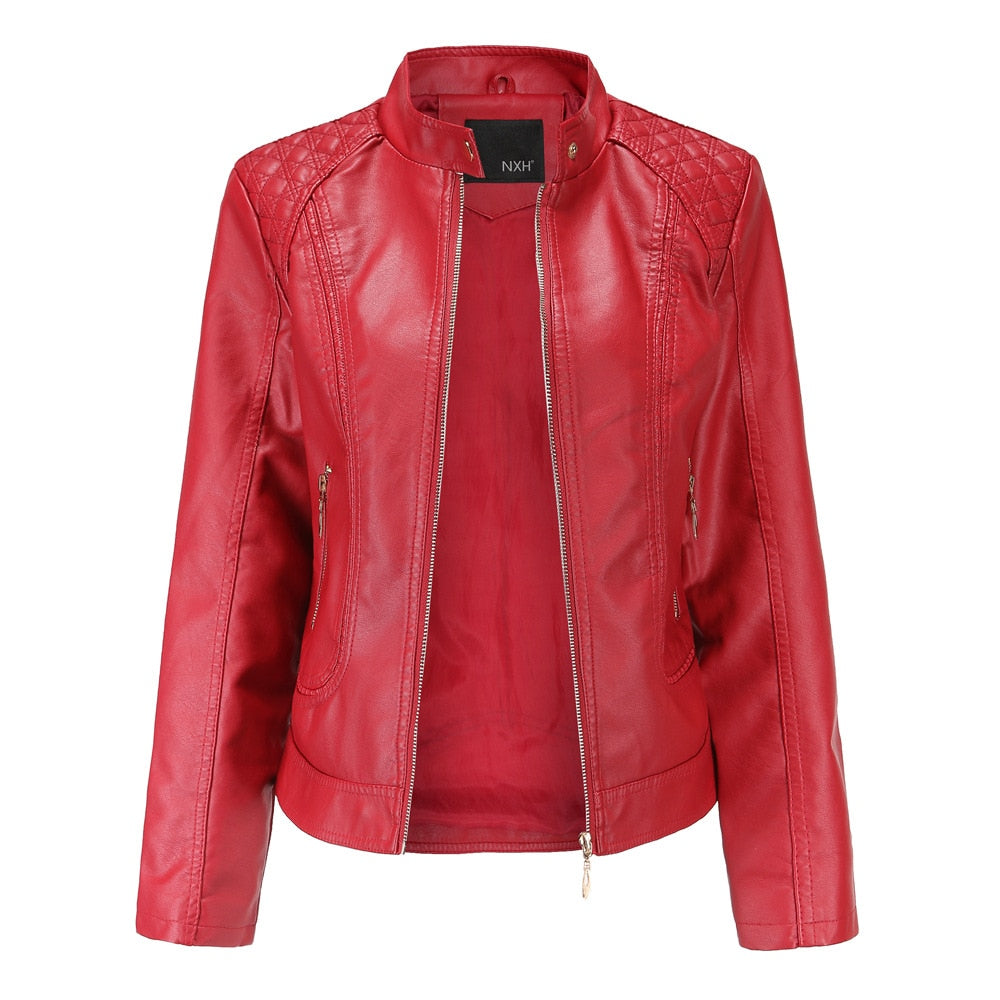 Solid Zipper Women's PU Leather Mandarin Collar Motorcycle Biker Jacket