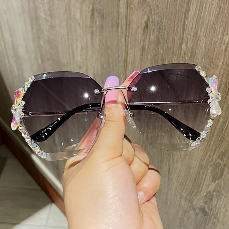 Bling Rhinestone Sun Glasses Women's Rimless Shades UV400