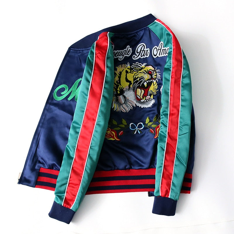 Vintage Ladies Tiger Head Embroidered Bomber Jacket