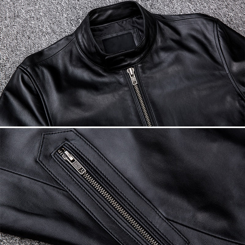 Men's Black Genuine Leather Motorcycle Bomber Aviator Jacket