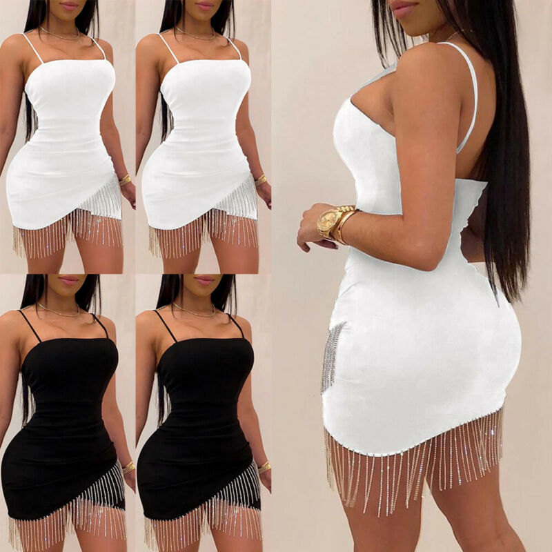 Tassel Hem Detail Cross Split Solid Color Sleeveless Spaghetti Strap Bodycon Suspender Mini Dress