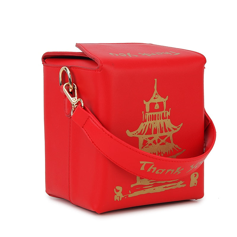 Chinese Takeout Box PU Leather Bucket Crossbody Purse