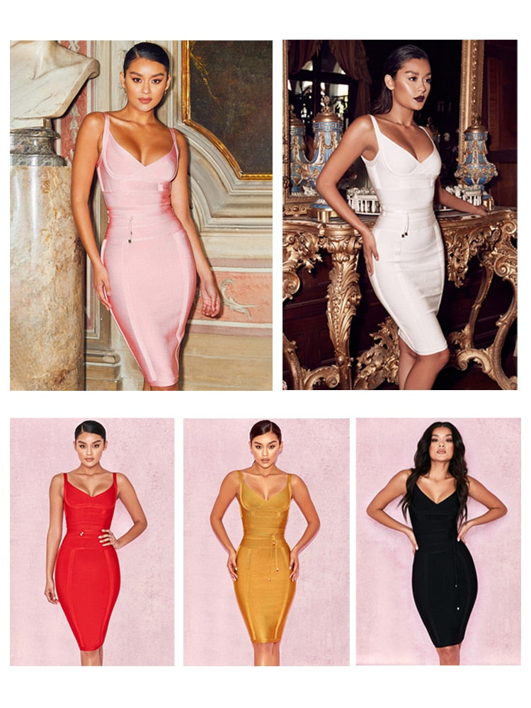 Women's Sleeveless Deep V-Neck Spaghetti Strap Bodycon Midi Bandage Dress