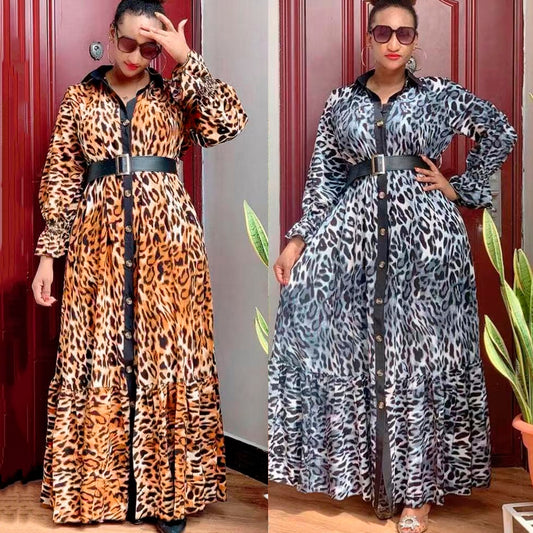 African Leopard Button Front Turn-Down Collar Long Sleeve Maxi Dress