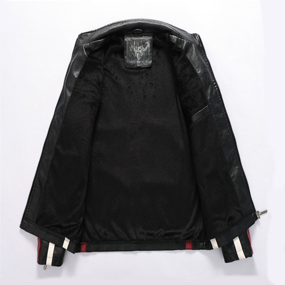 Side Striped Men's Logo Embroidery Leather Bomber Slim Fit Motorcycle Jacket