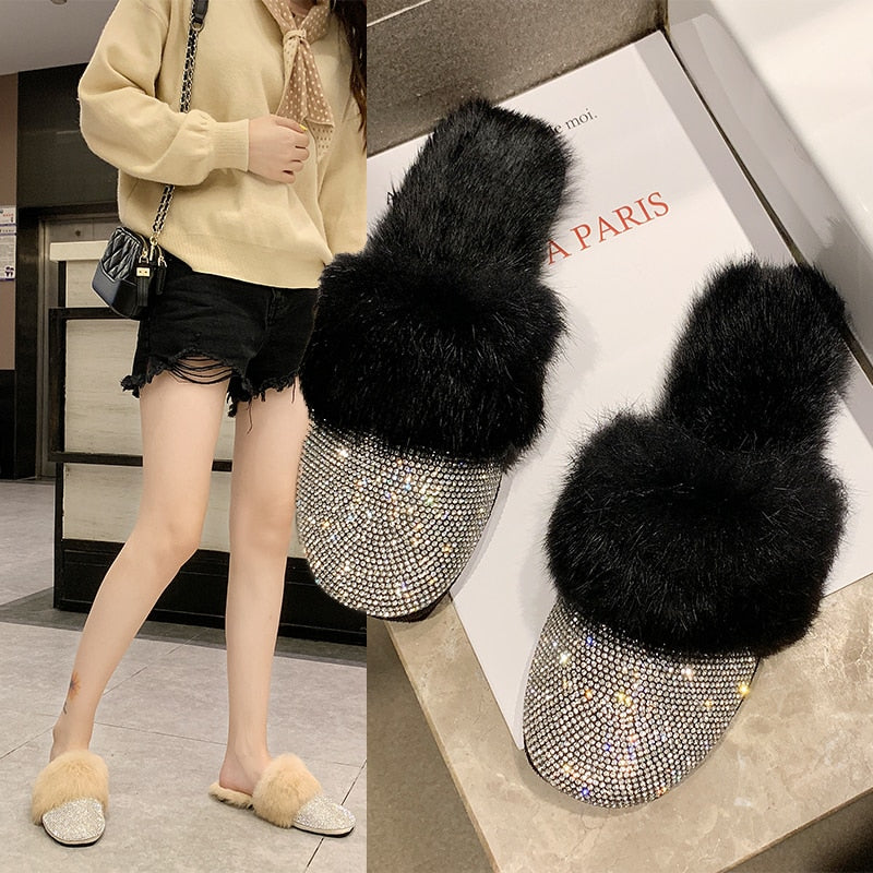 Luxury Rhinestone Fur Crystal Slides Mule Slippers