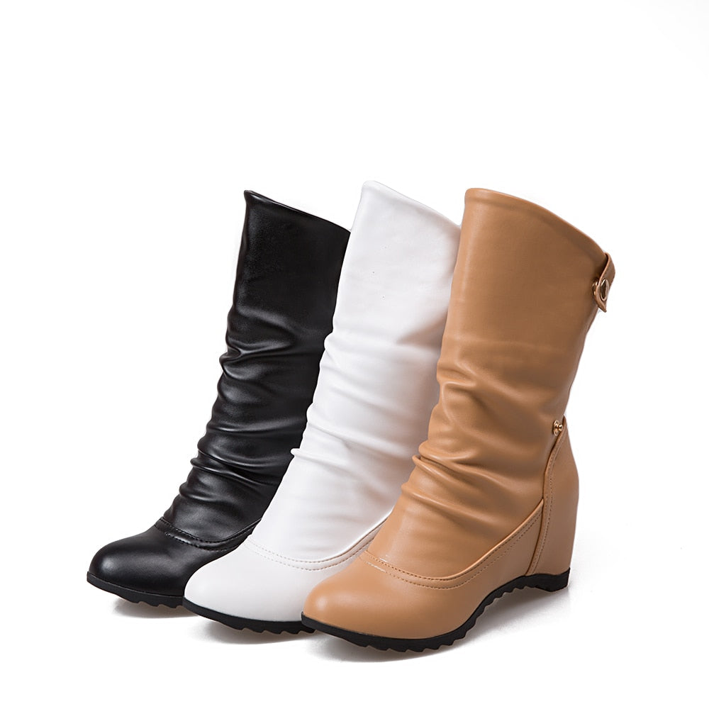 Wedge Plus Size Flat PU Soft Leather Motorcycle Boots