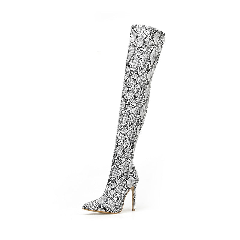 Snakeskin/Solid Color Faux Suede High Heel Over-the-Knee High Heel Boots