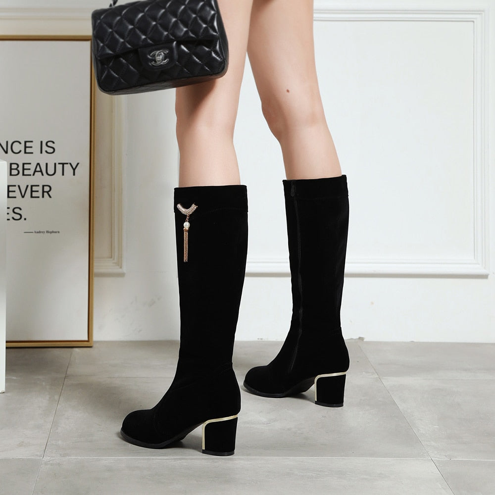 Round Toe PU Leather Knee High Boots w/ Square Heel