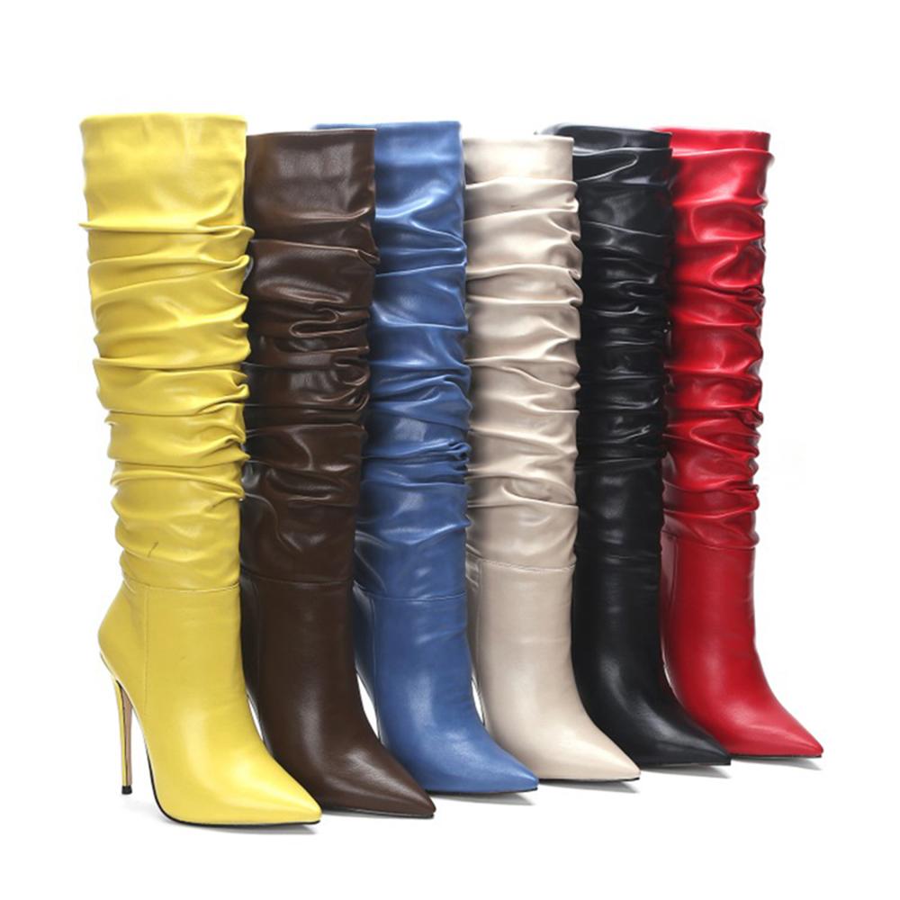 Pointed Slouch Pleated Ladies Knee High Boots