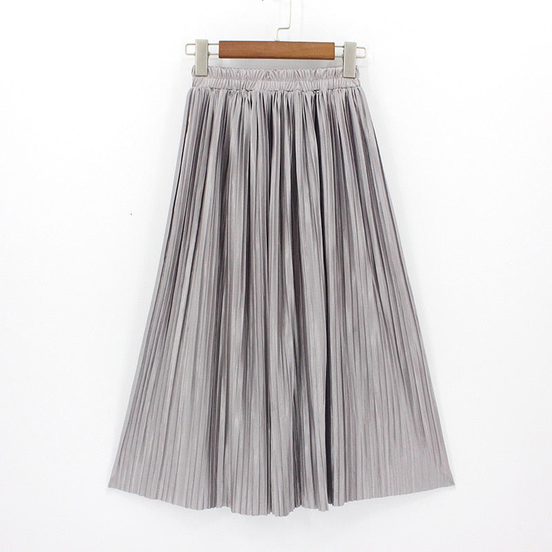 Satin Loose Pleated Solid Color High Waisted Maxi Skirt