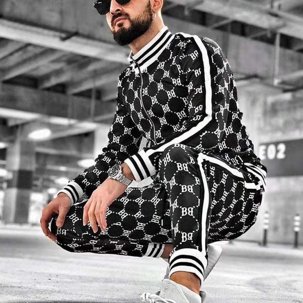 Men's Plaid/Geometric O-Neck Printed Zipper Jacket Tracksuits