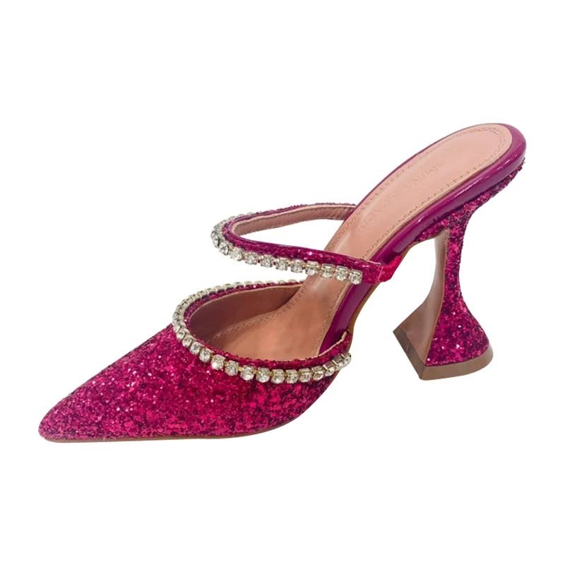 Crystal Sequin Spool Heel Pointed Toe Mule Pumps