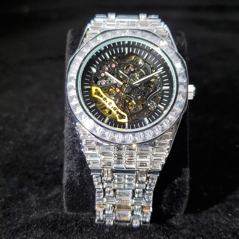 Men's Hip Hop Full Diamond Skeleton Mechanicl Iced Out Waterproof Watch