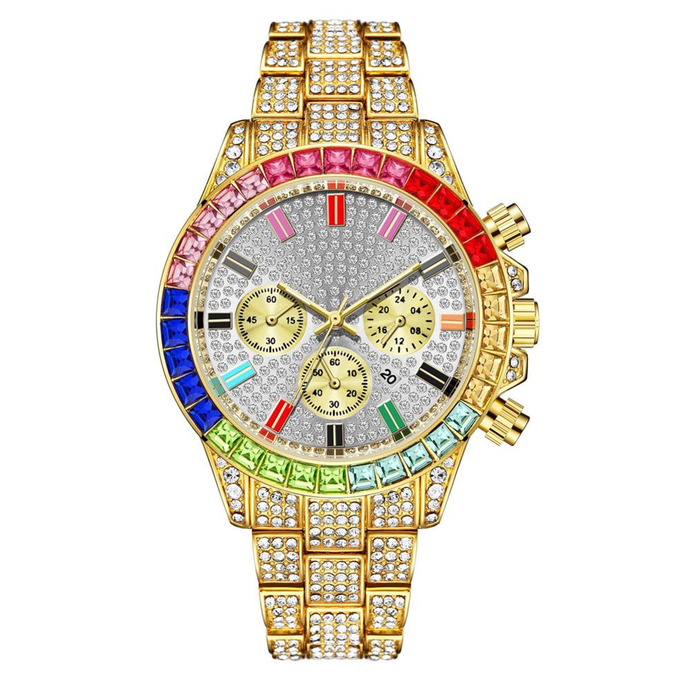 Rainbow Diamond  Iced Out Square Quartz Waterproof Men's Watch